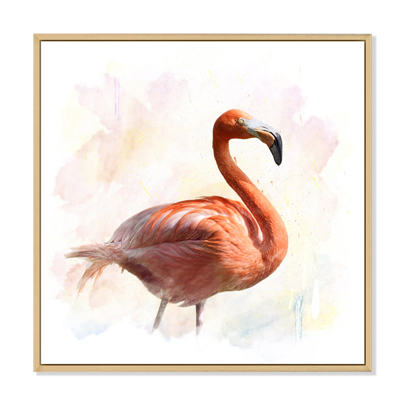 Vue latérale d'un flamant rose - reproduction sur toile, Cadre flottant en érable, H 30 po x l 30 po x P 1 po
