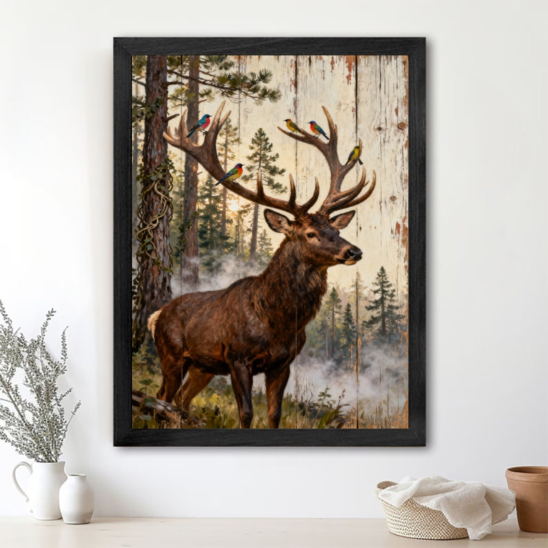 Reproduction d'art encadrée noire, cerf rétro se promenant dans la forêt, H 17 po x l 13 po