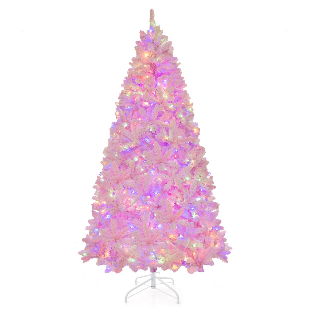 6/7FT Pink Artificial Christmas Tree Pre-lit Hinged Snow Flocked Xmas Tree with Branch Tips 8 Lighting Modes The Holiday Aisle®