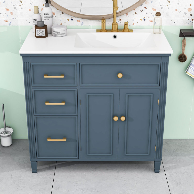 Meuble-lavabo 4 tiroirs avec lavabo en céramique, tablette réglable et armoire de rangement, Bleu gris