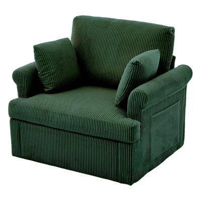 Fauteuil d'appoint pivotant en velours côtelé de 39 po avec 2 coussins Comfy - Canapé simple rembourré moderne - Fauteuil ergonomique rond pour le salon, la chambre à coucher, le bureau - Chaise longue peu encombrante, vert