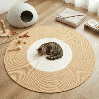 Tapis à griffer rond tissé de 100 cm (39,37 po), 2 en 1, en mélange de sisal, pour le repos et le jeu.