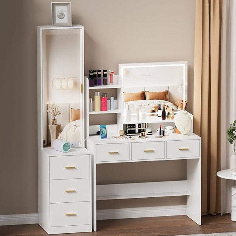 Makeup Vanity Desk with Lighted Full-Length Mirror and Charging Station, White