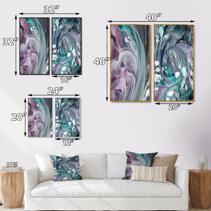 Ensemble de 2 peintures sur toile - Turquoise et mauve liquide Art IV, H 40 po x l 40 po x P 1 po, Cadre flottant noir