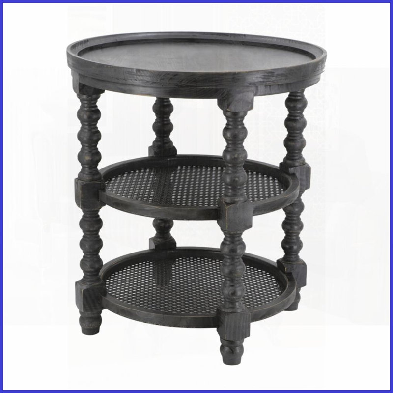 Bois noir traditionnel Table basse ronde en rotin à 3 niveaux pour le salon, peu encombrante Style adaptable, Noir