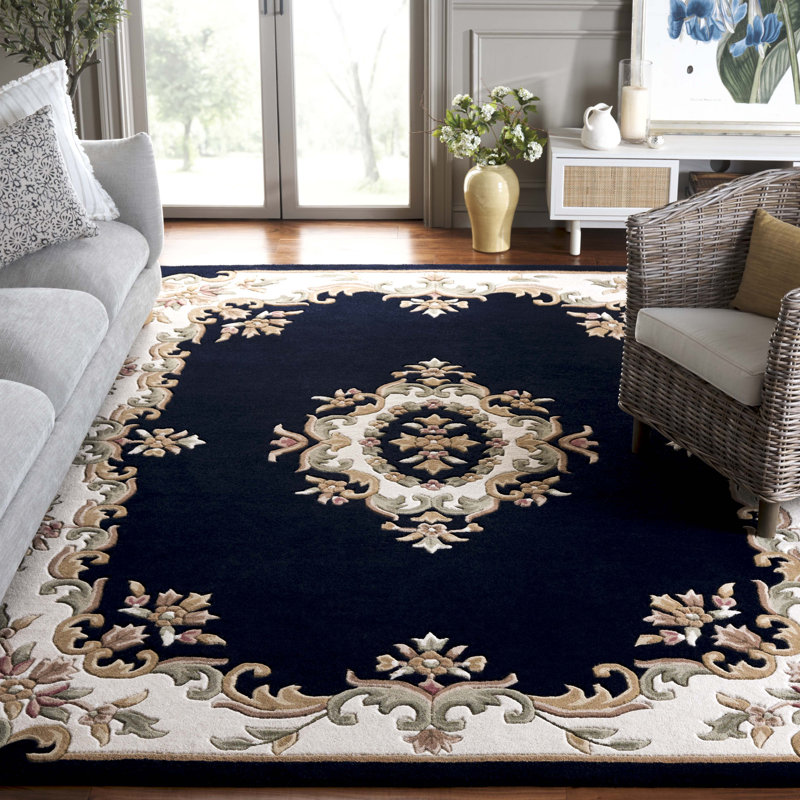 Steller Aubusson Hand Tufted Wool/Cotton Floral Rug in Ivory/Navy, Runner 2'3" x 8'