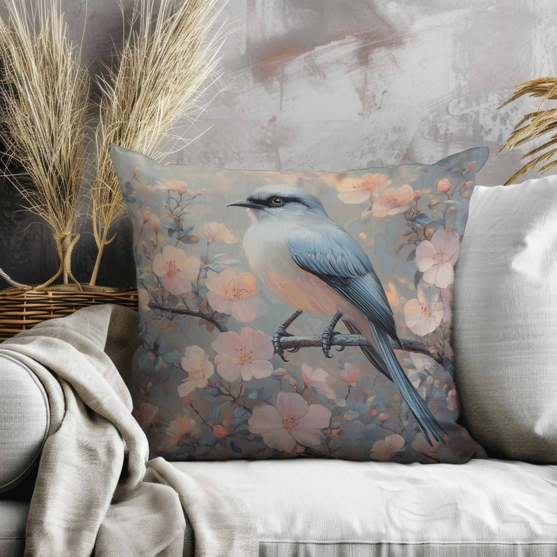 Oreiller floral en faux suède, Blue/Pink, Carré 18 po