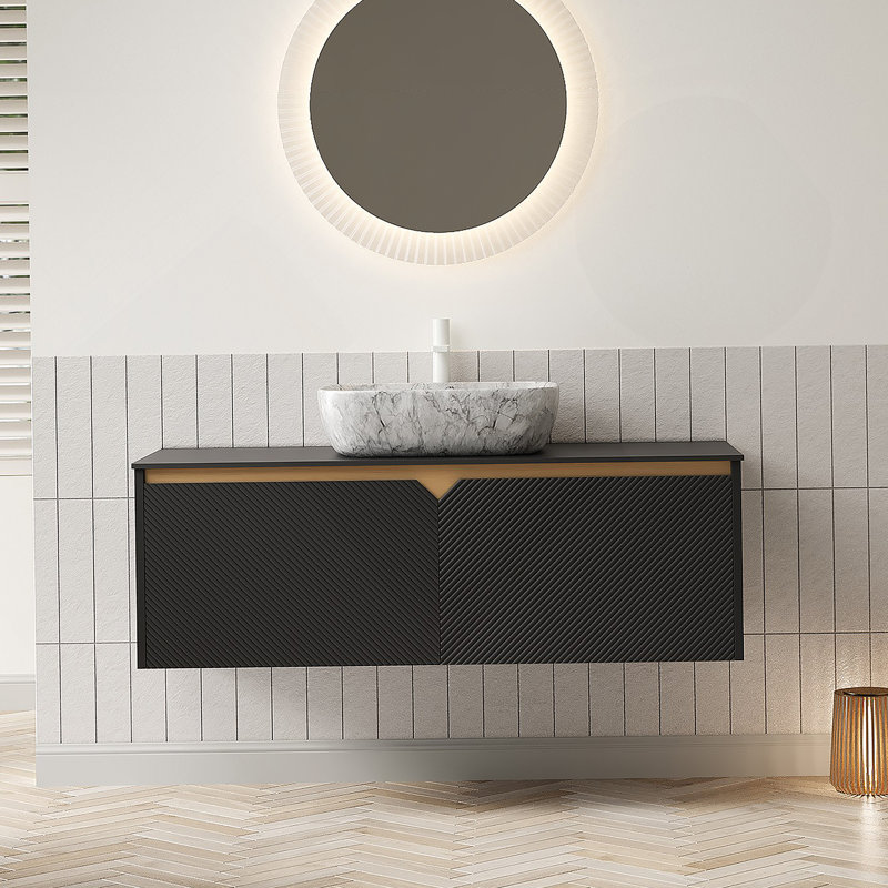 Meuble-lavabo 48 po, meuble-lavabo mural en contreplaqué flottant, portes doubles en sergé avec garniture en métal, vasque rectangulaire en céramique à motif marbré et plateau en pierre frittée noire, noir