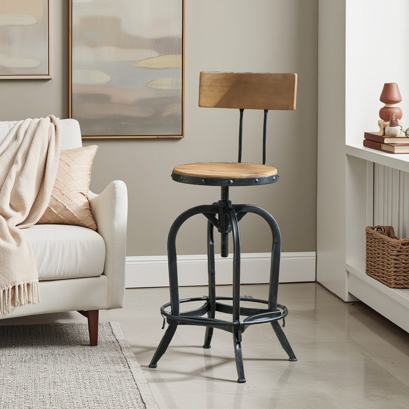 Tabouret de bar pivotant à hauteur réglable - Bois de sapin massif naturel, structure en fer argenté brossé noir