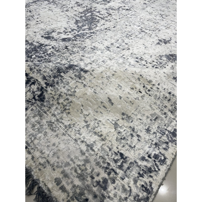 7x9 Ivory Hand-Knotted Wool Pixelated Distressed Abstract Modern Contemporary Carpet Rug