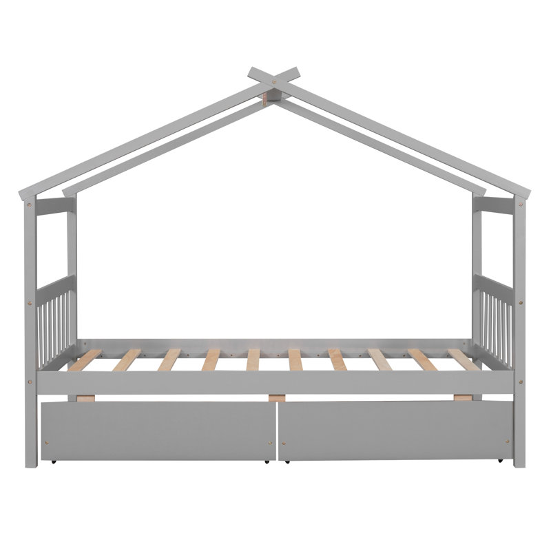 Lit maison en bois avec tiroirs, naturel, Noyer, Simple