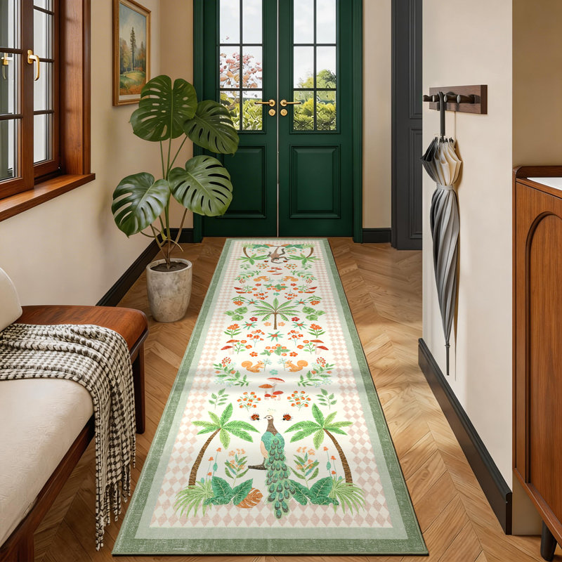 Jungle 2x6 Kitchen Runner Rug, Washable Animal Print Soft Non Slip Hallway Runner Tropical Botanical Thin Peacock Monkey Floor Rugs