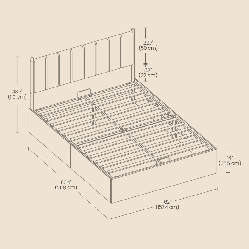 Lift Up Storage Bed Frame,Hydraulic Platform,with Headboard,1100 lb Weight Capacity, Cappuccino Beige, Queen