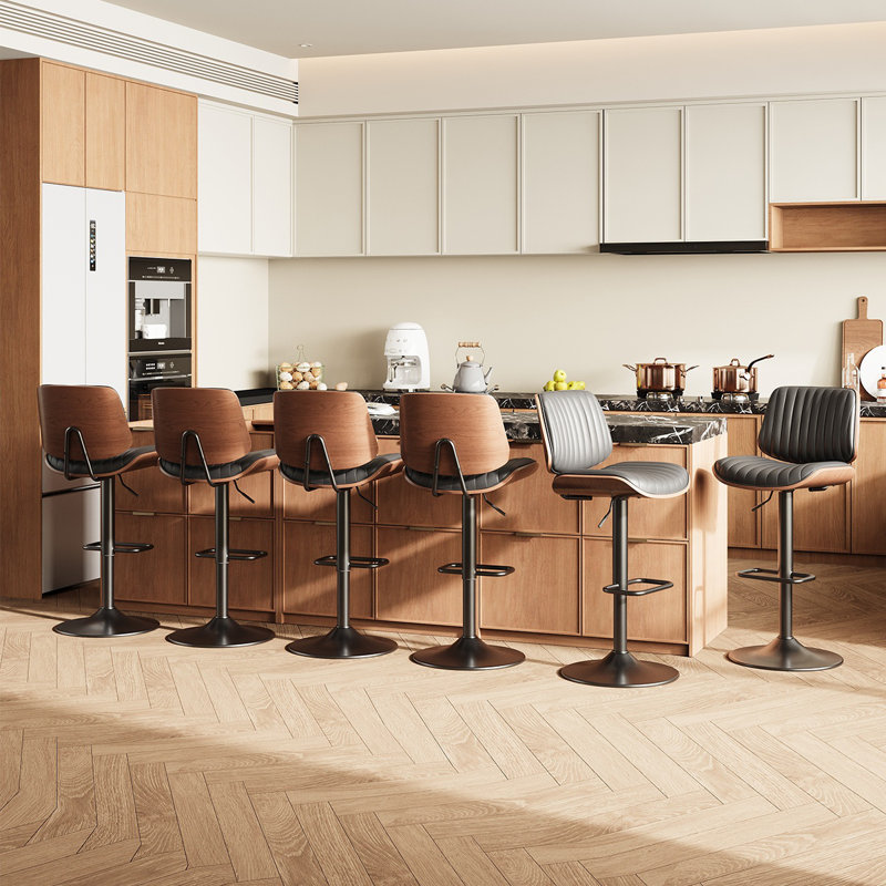 Modern Upholstered Swivel 26.2”H Faux Leather Adjustable Height Barstools with Footrest, Black, 6