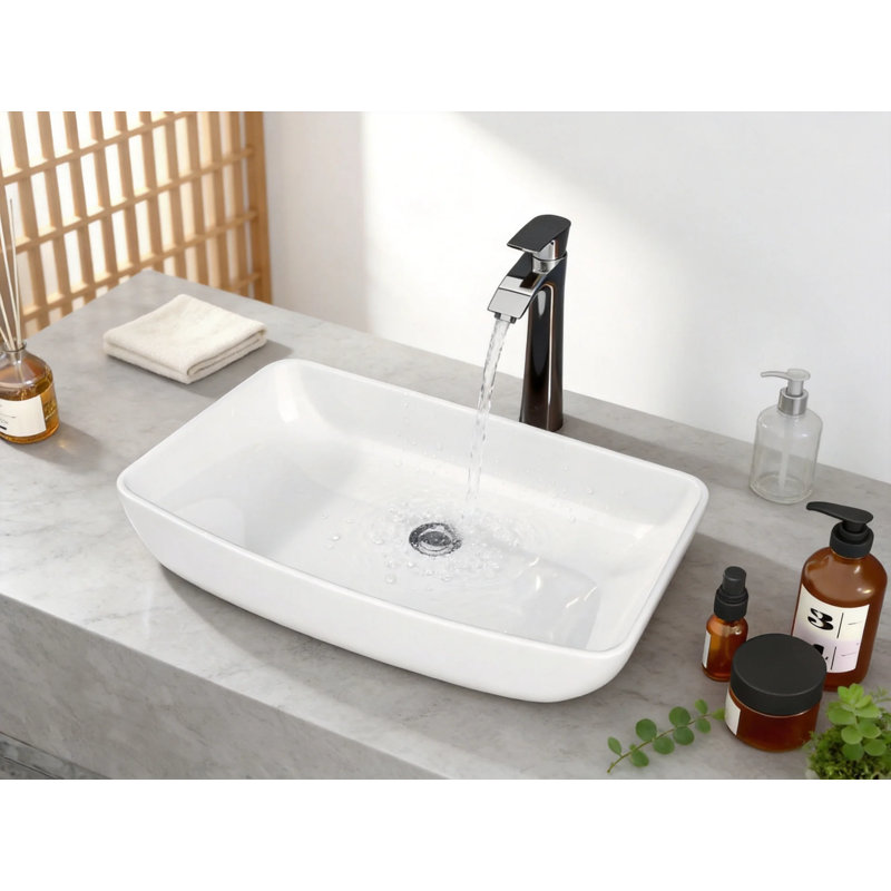 Vasque rectangulaire en porcelaine vitrifiée blanche de 61 x 38 cm (24 x 15 po), grand lavabo à poser avec bonde de 4,4 cm (1,75 po).