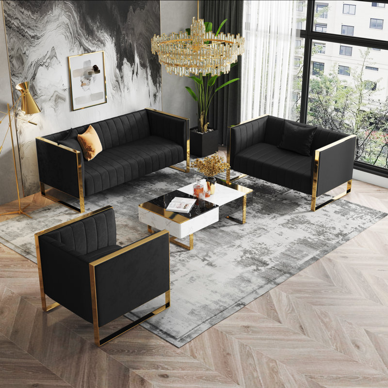 Trillium 3 - Piece Velvet Living Room Set, Black Velvet