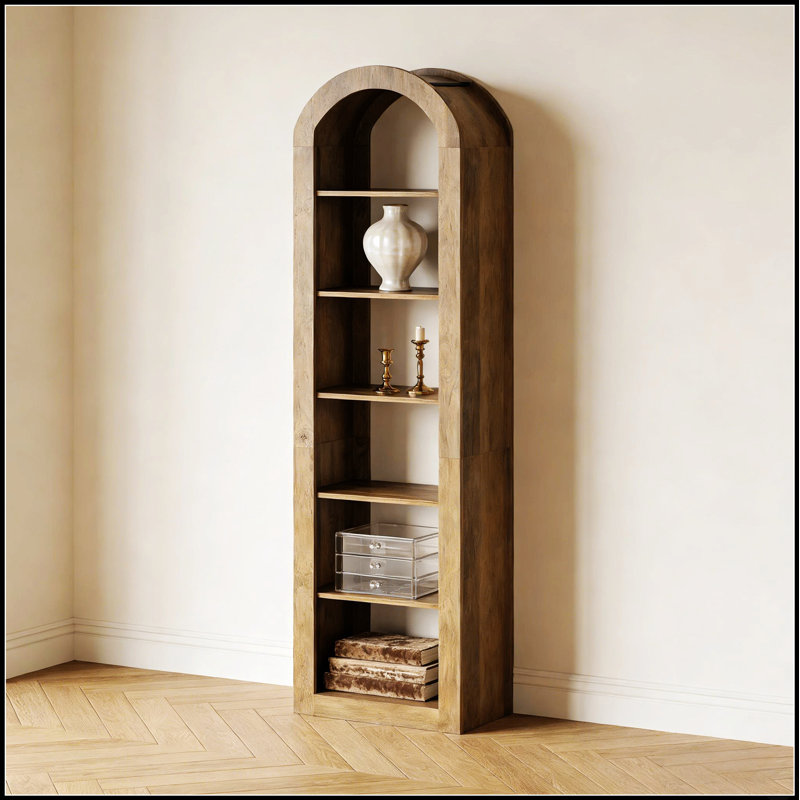 Bibliothèque rustique ouverte arquée avec 6 tablettes à niveaux pour un rangement élégant et parfait pour toute pièce