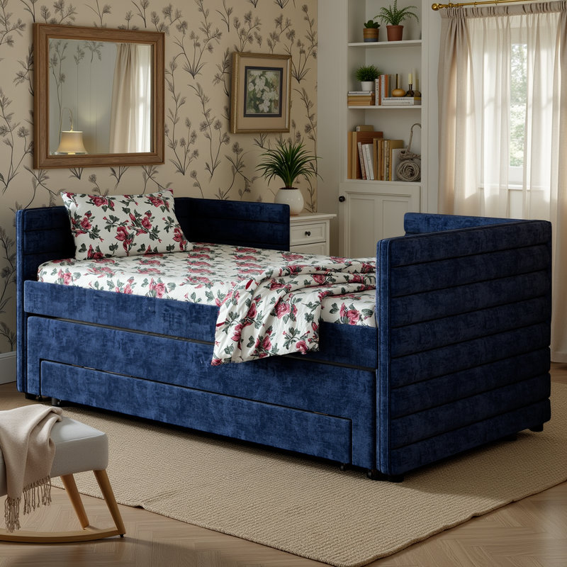 Lit de jour simple avec couchette coulissante et 3 tiroirs de rangement, lit tapissier en chenille, Bleu