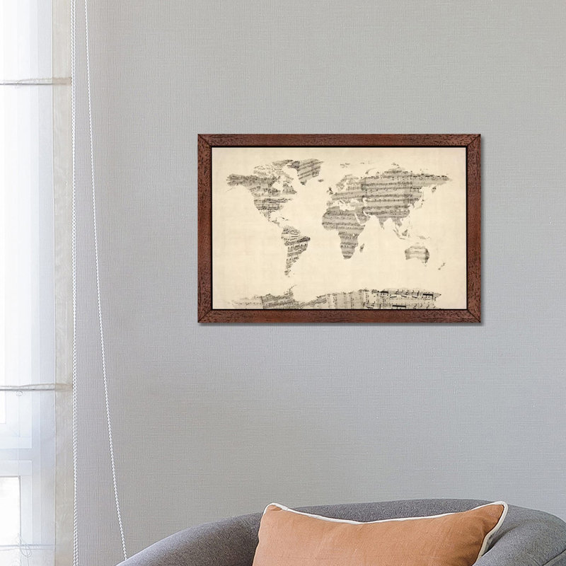 Old Sheet Music World Map by Michael Tompsett - Print on Canvas, Brown Framed, 101.6 cm H x 66.04 cm W