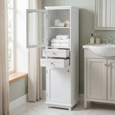 62.89-Inch Tall White Painted MDF Freestanding Bathroom Locker With Glass Doors, Two Drawers, And Adjustable Shelves, Perfect For Displaying Your Favorite Items.