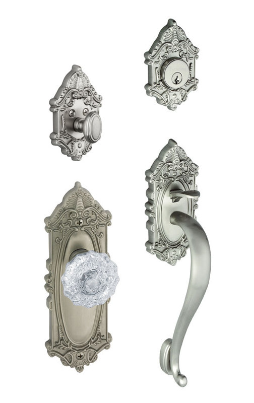 Grande poignée victorienne avec pêne dormant et bouton de porte Grande, Nickel satiné