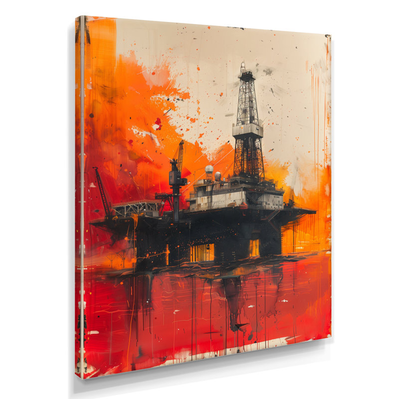 «Red Orange Oil Rig Sunrise Rodeo II», reproduction d'art sur toile, Canevas, H 34 po x l 44 po x P 1,5 po