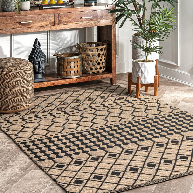 Southwestern Beige and Black Handwoven Jute Rug with Medallion Pattern