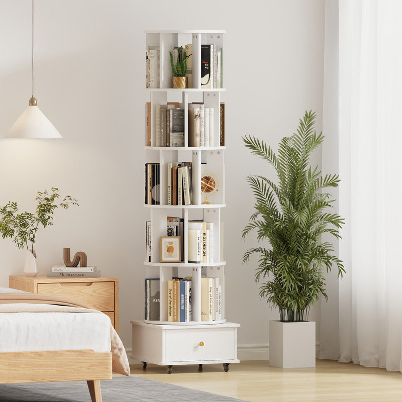 5-Tier Rotating Bookcase with Wheels and Drawers, 360° Swivel Corner Bookshelf, Solid Wood Storage Tower with Lockable Casters, Narrow Spinning Organizer for Living Room, Bedroom(White)