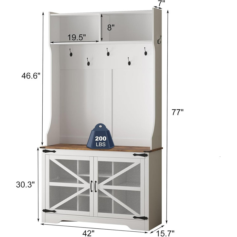 Hall Tree with Bench and Shoe Storage, 4-in-1 Farmhouse Entryway Coat Rack with 7 Coat Hooks & 7 Shoe Cubbies, Hallway Shoe Bench with Storage, 42" W x 15.7" D x 77" H, White