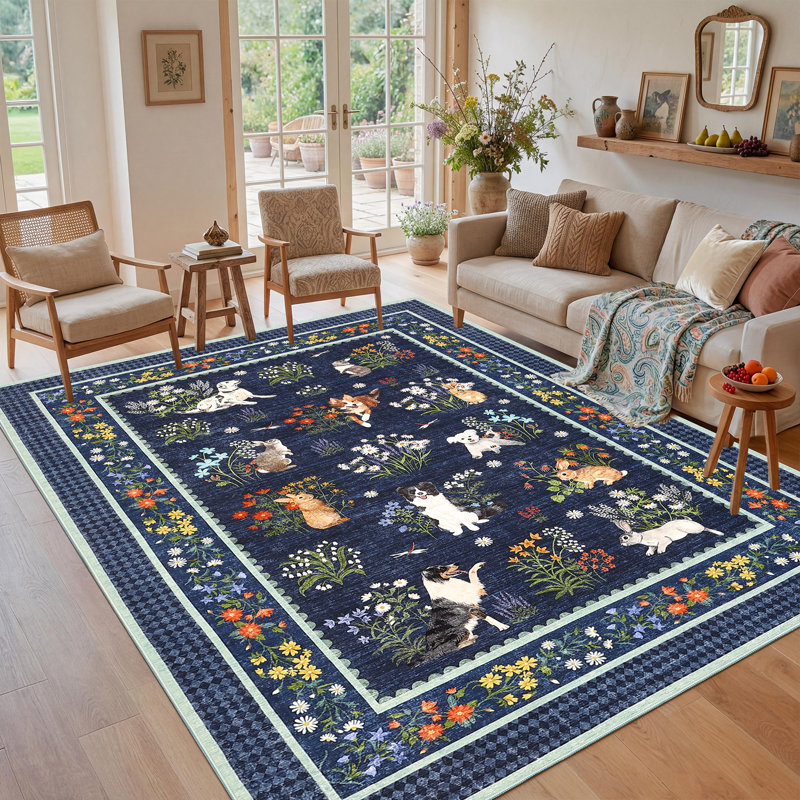 Tapis lavable à la machine Cute, Bleu, Rectangle 5 pi x 7 pi