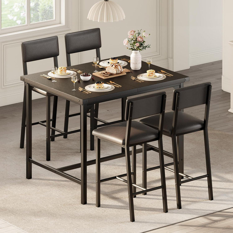 Dining Table Set for 4 – 5-Piece Counter Height Table with 4 Upholstered Bar Stools, Footrest & Corner Protector for Kitchen, Apartment