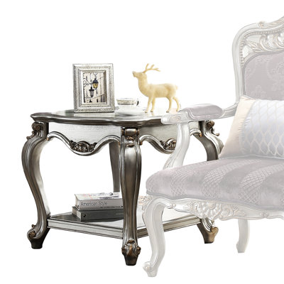 Charming Antique Platinum Square End Table With Scalloped Wood & Practical Shelf Unit Fine