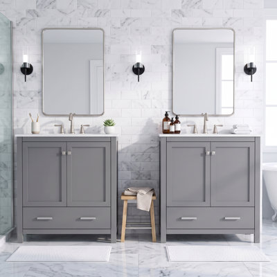 60" Solid Wood & MDF Freestanding Standard Bathroom Vanity, Gray, with Independent Double Cabinets, Dual Ceramic Sinks, Storage Shelf and Divided Drawers, Faucet Not Included
