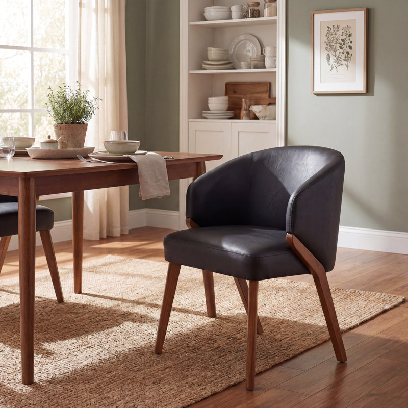Chaise rembourrée avec pieds en bois, Similicuir noir