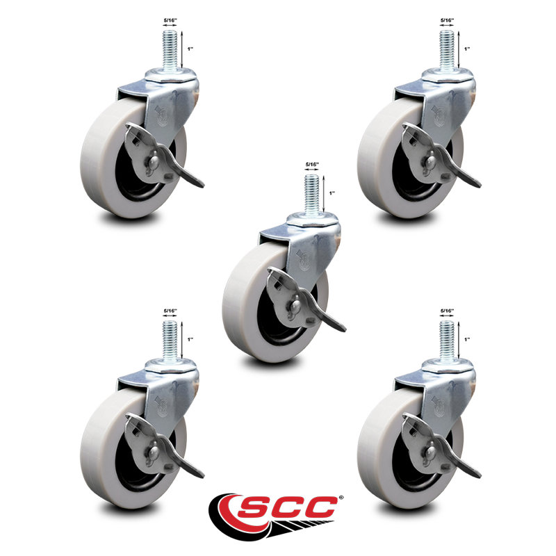 3 Inch Polyurethane Wheel 5/16 Threaded Stem Caster Set with Brakes Set of 5 SCC