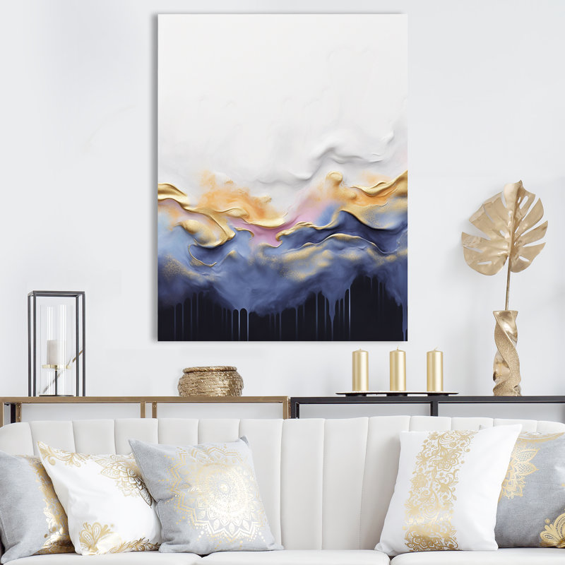 Abstrait bleu et jaune cascade de marbre I - encre liquide abstraite, art mural, Toile tendue, 40" H x 30" W