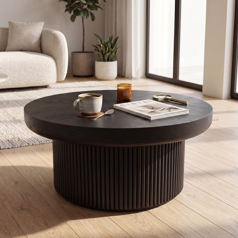 Table basse 33,5 po ronde cannelée avec plateau en bois véritable et base cylindrique, plateau de table épaissi, table basse Mid-Century moderne pour salon, petit espace, noir
