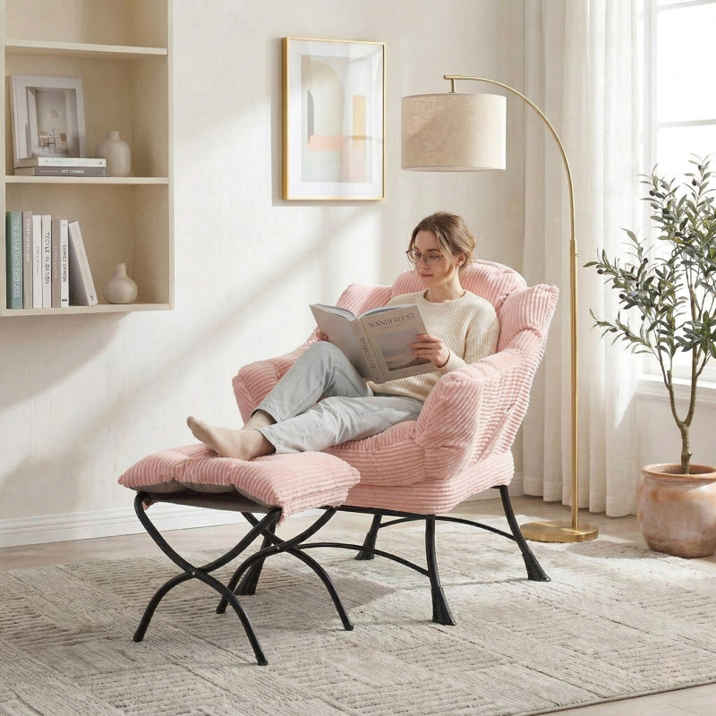 Fauteuil d'appoint avec repose-pieds Corduroy Lazy, Rose