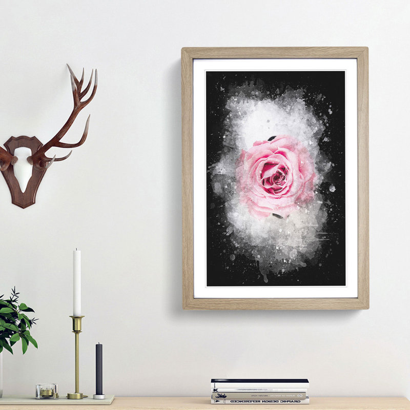 Lone Pink Rose Abstract Paint Splash - Picture Frame Graphic Art, Oak Framed, 87cm H x 62cm W x 2cm D