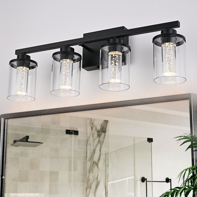 Appliques de meuble-lavabo à 4 lumières noir mat, appliques à DEL en verre bullé cristal à intensité variable 5 couleurs (blanc doux / blanc chaud / naturel / lumière du jour / blanc froid) pour la salle de bain, le couloir et le salon