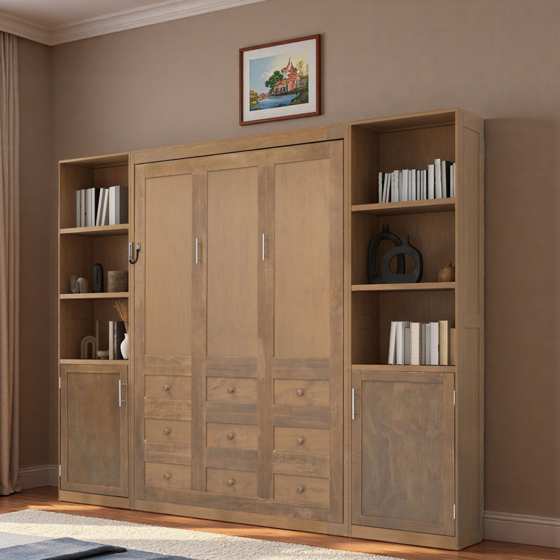 Wooden Murphy Bed With Storage Shelves And Cabinets