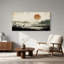 Silhouettes de hérons au bord d'un lac brumeux sous un soleil orangé - Tableau sur toile-1414462015