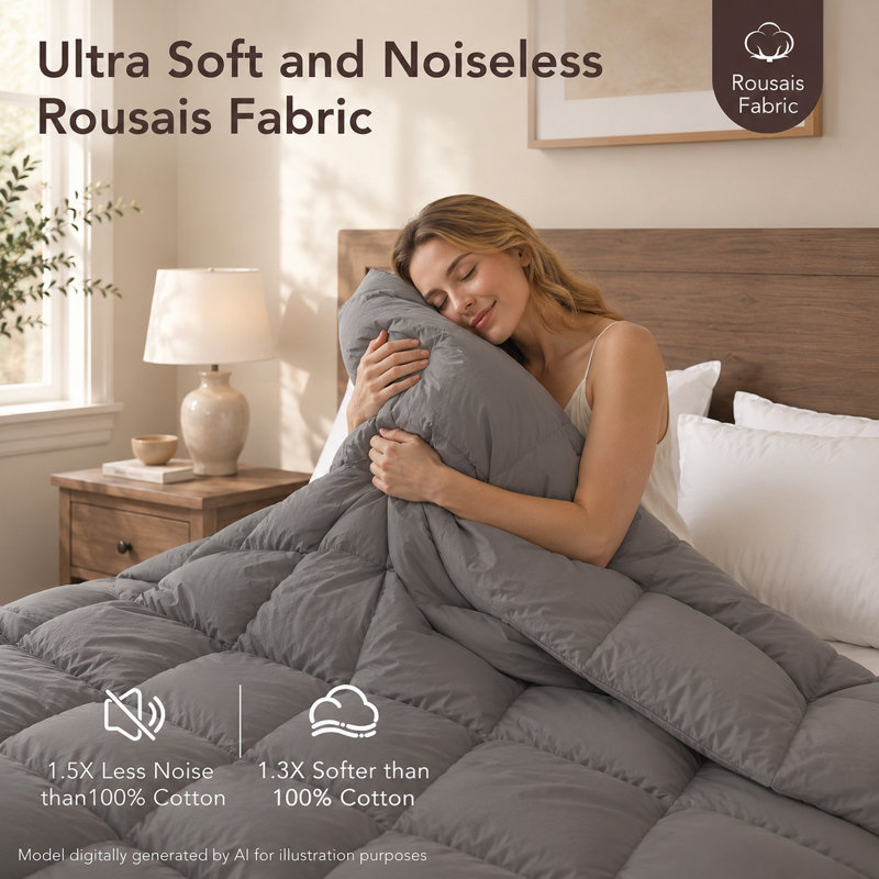 Luxury Down Feather Comforter, All Season Breathable Cotton Hotel Style Down Duvet Insert with Corner Loops, 800 Fill Power & Lightweight, Available in Queen Sizes and Grey