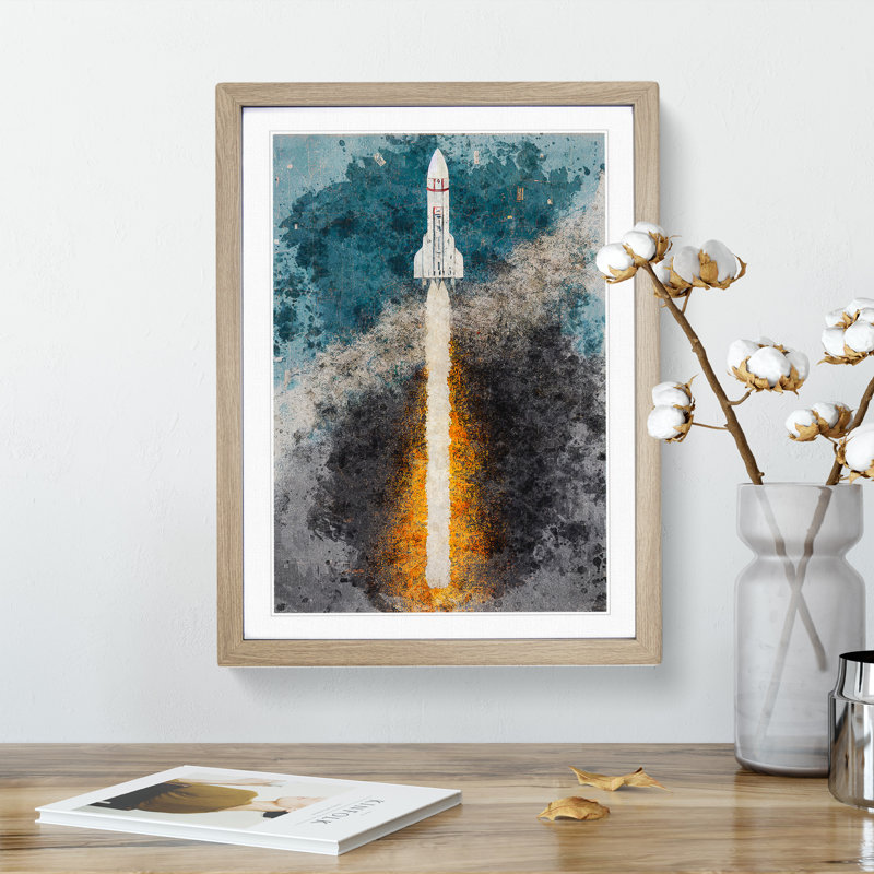 Watercolour Spaceship Rocket No.2 - Single Picture Frame Painting, 46cm H x 34cm W x 2cm D, Oak