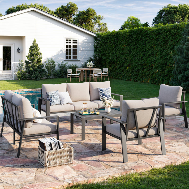 7-Person Sofa Seating Group With Coffee Table, Beige Cushion/Gray Frame