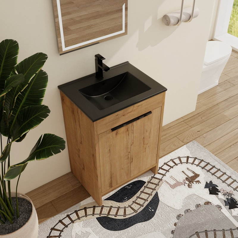 Meuble-lavabo autoportant de 24 po avec lavabo, meuble-lavabo autoportant avec 2 portes Beid, Noir, 24"