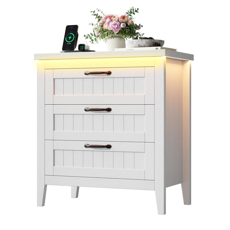 Farmhouse Drawer Dresser with Charging Station & LED Lights, Slim Wooden Bedroom Dresser, White/3 draws