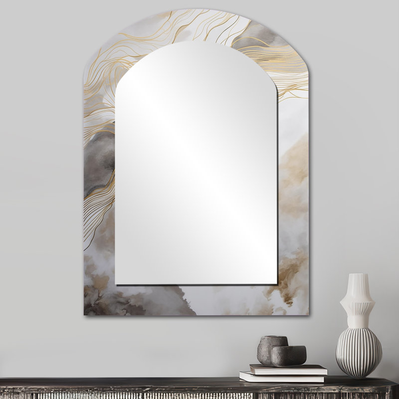 Or et gris abstrait Art Line V - art mural miroir en arc, 34 po x 25 po