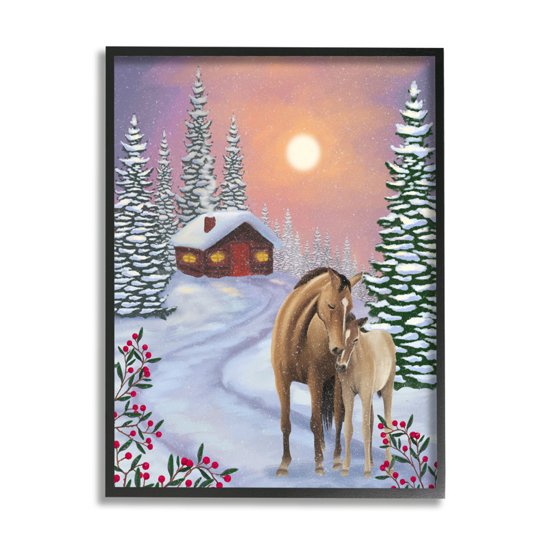 «Holiday Horses Winter Scene» encadré sur bois par Lemon & Sugar, peinture, Giclée encadrée noir minuit, H 14 po x l 11 po