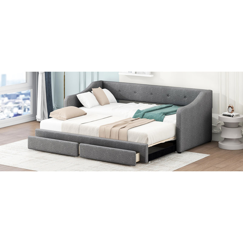 Gray Twin Xl To King Size Daybed With Two Drawers - Comfortable And Elegant Upholstered Bed For Any Room Storage, Modern Functional Bedrooms